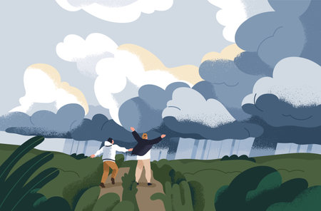 Weather change from rain, rainy clouds to clear sky with sun. Happy people in nature landscape, back view, walking with joy after shower, rainfall, cloudy heaven on horizon. Flat vector illustrationのイラスト素材