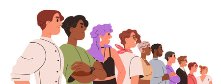 People group together in row. United business team, union, confident community standing in line, perspective view. Fellowship concept. Flat graphic vector illustration isolated on white backgroundのイラスト素材