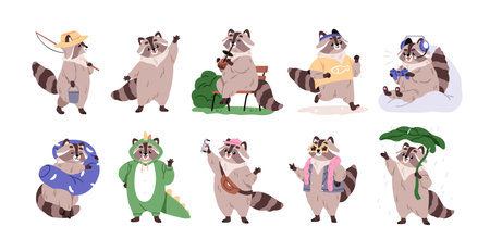 Raccoon, cute forest animal set. Funny happy friendly racoons, baby characters. Adorable fairytale mammal. Comic fauna. Childish flat graphic vector illustrations isolated on white backgroundのイラスト素材
