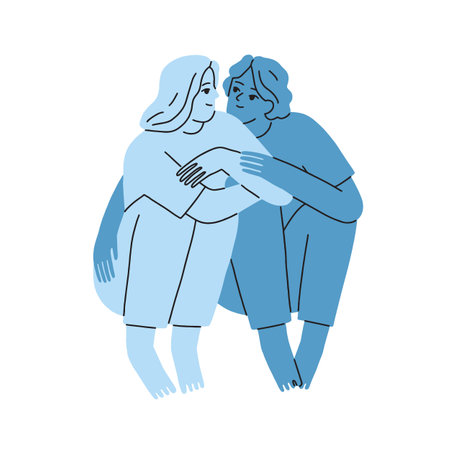 Happy romantic couple. Sweet woman and man in love. Valentines sitting together. Fonding affectionate tender people hugging, embracing. Flat graphic vector illustration isolated on white backgroundのイラスト素材