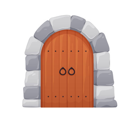 Old medieval castle door. Vintage entrance design from wooden planks, arched stone. Ancient front entry, closed doorway to palace. Flat graphic cartoon vector illustration isolated on white backgroundのイラスト素材