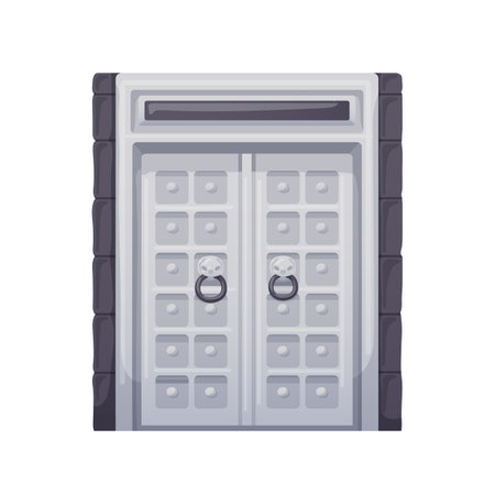 Old medieval double door, entrance to fortress, castle. Ancient closed metal steel entry with knockers. Safe steel big large historic doorway. Flat vector illustration isolated on white backgroundのイラスト素材