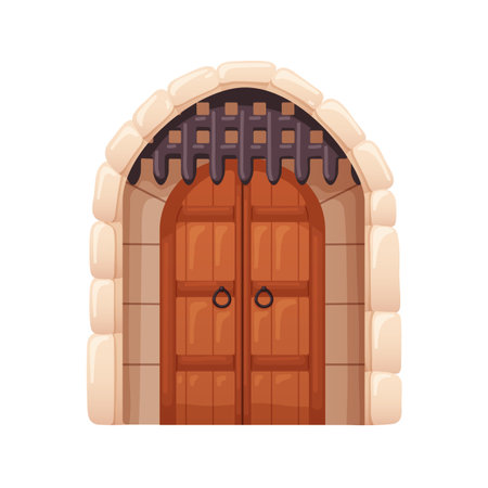 Old medieval wooden double door with metal portcullis bars. Vintage castle, fortress entrance. Historic arched entry with sliding grid. Flat graphic vector illustration isolated on white backgroundのイラスト素材