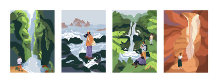 People travel in nature. Vertical landscape cards set. Holiday adventure in caves, canyon, hiking to waterfall, sea and rocks, enjoying peaceful calm tranquil sceneries. Flat vector illustrationsのイラスト素材