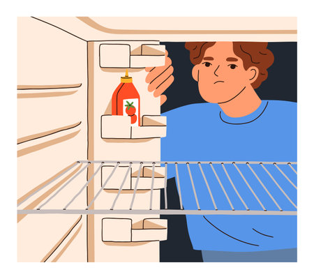 Hungry poor person looking inside empty fridge. Sad upset man with nothing to eat on refrigerator shelf. Food crisis, poverty, need, shortage, hunger, starvation concept. Flat vector illustrationのイラスト素材