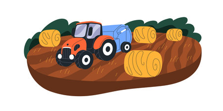 Agriculture tractor at farm field with hay roll, straw, haystacks. Rural machine, harvester works at farmland, agricultural land. Flat graphic vector illustration isolated on white backgroundのイラスト素材