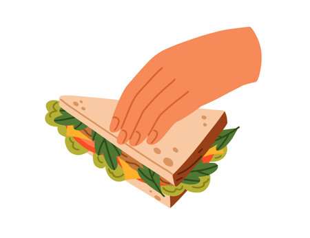 Hand taking sandwich, vegetables and cheese filling between bread toasts. Breakfast snack, healthy fast food with lettuce, tomato, greens. Flat vector illustration isolated on white backgroundのイラスト素材