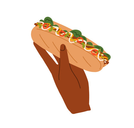 Hand holding hot-dog. American street fast food. Takeaway snack with long buns, wiener sausage, vegetables, sauces. Tasty fastfood. Flat graphic vector illustration isolated on white backgroundのイラスト素材