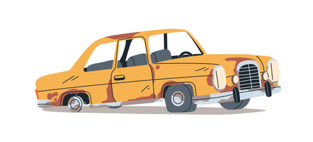 Old used rusty car junk. Broken abandoned dirty rusted auto transport. Aged corroded useless rotting automobile waste, trash in bad condition. Flat vector illustration isolated on white backgroundのイラスト素材