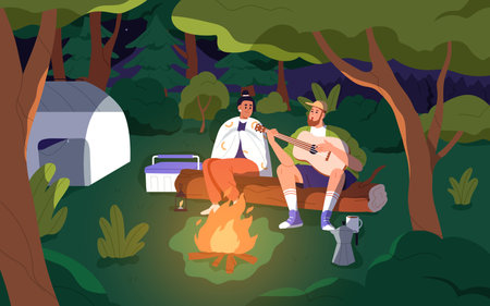 Couple at summer camp at night. Young man and woman tourists playing guitar, singing songs, sitting by fire, campfire in nature, forest at weekend on holiday, vacation. Flat vector illustrationのイラスト素材