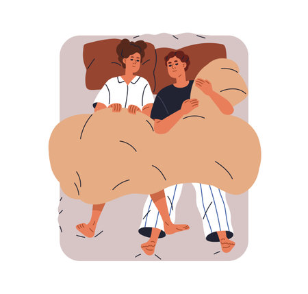 Family couple sleeping, lying in bed, top view. Asleep dreaming woman and man. Sleepy reposing young people under duvet, relaxing together. Flat vector illustration isolated on white backgroundのイラスト素材