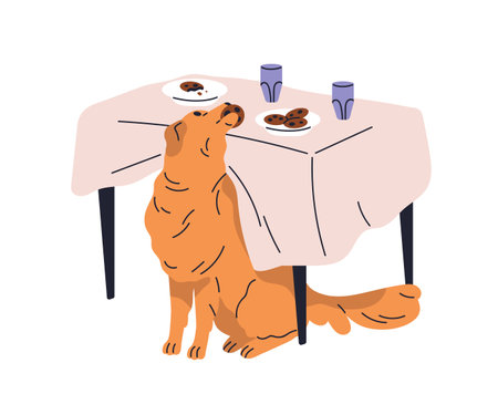 Naughty hungry dog stealing food from table. Mischievous doggy taking, eating, biting cookies. Bad unwanted canine animal behavior at kitchen. Flat vector illustration isolated on white backgroundのイラスト素材
