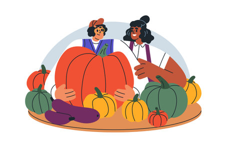 Farmers couple with farm harvest, agriculture products. Happy people workers with organic natural food production, healthy pumpkins, vegetables. Flat vector illustration isolated on white backgroundのイラスト素材