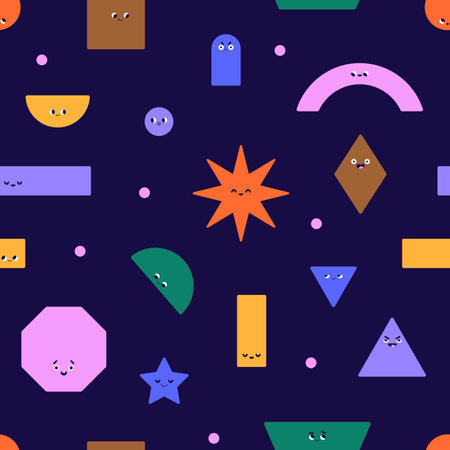Cute geometric shapes with faces, emotions, seamless pattern. Endless background design, geometry characters, figures. Repeating print, texture. Colored childish flat graphic vector illustrationのイラスト素材