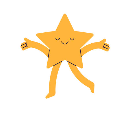 Cute happy star walking. Funny smiling character with joyful amusing emotion, face expression, rejoicing. Bliss, joy and happiness. Childish flat vector illustration isolated on white backgroundのイラスト素材