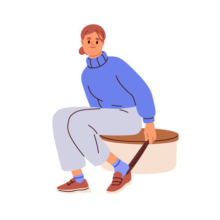 Woman taking on, trying shoes with shoehorn. Young girl getting ready to go out, wearing, putting footwear, sneakers, sitting on seat. Flat vector illustration isolated on white backgroundのイラスト素材