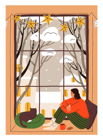Woman and cute cat on cozy windowsill at home. Person and kitty sitting, watching through window on winter holiday, leisure time, Christmas eve. Vertical Xmas vacation card. Flat vector illustrationのイラスト素材
