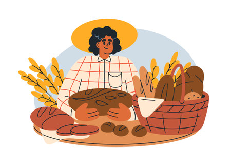 Baker vendor selling homemade bakery, sourdough bread, fresh buns, baguettes, dough products at local market. Home made baked production. Flat graphic vector illustration isolated on white backgroundのイラスト素材