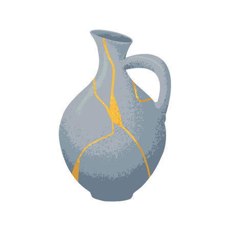 Jug, Kintsugi ceramic style. Chinese oriental pitcher with golden lines, antique eastern technique. Reborn repaired saved pottery, vessel. Flat graphic vector illustration isolated on white backgroundのイラスト素材