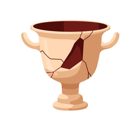 Broken pottery with fractures and clefts. Old antique clay pot. Archeology earthenware, cracked crock with holes, splits. Damaged crockery. Flat vector illustration isolated on white backgroundのイラスト素材
