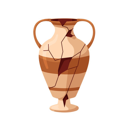 Broken ancient amphora with fractures and fissures. Antique old clay pot with clefts. Historic Greek vessel, crockery, earthenware. Flat graphic vector illustration isolated on white backgroundのイラスト素材