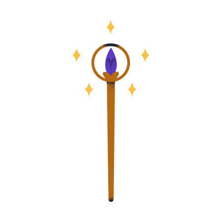 Magic wand, esoteric stick and stars. Mysterious occult sacred supernatural symbol with crystal. Sorcery, mysticism, mystery, enigma concept. Flat vector illustration isolated on white backgroundのイラスト素材