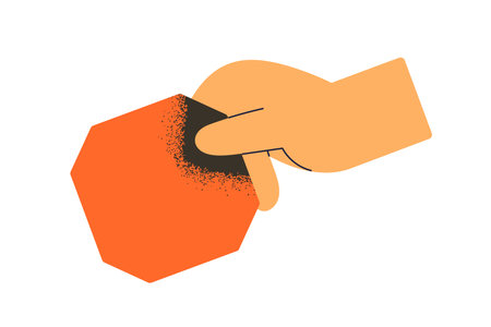 Hand holding geometry element, octagon. Geometric shape, figure. Maths education. Abstract business, mathematics concept. Arm with object, item. Flat vector illustration isolated on white backgroundのイラスト素材