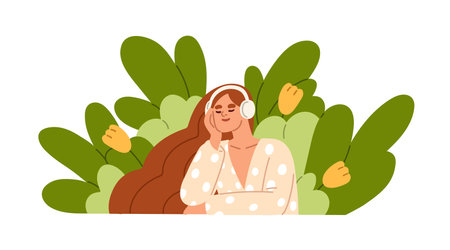 Woman in headphones listening to music, nature sound, audio track. Young happy girl enjoying song, melody, tune in head phones, relaxing, resting. Flat vector illustration isolated on white backgroundのイラスト素材