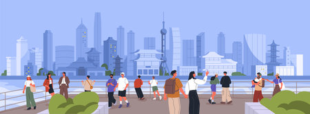 China city with tourists and modern urban view on highrise buildings, skyscrapers, landmarks. Asian Chinese cityscape, people travel at bund in Shanghai center, Asia. Flat vector illustrationのイラスト素材