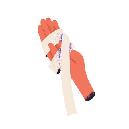 Hand with elastic bandage around. Injured broken wounded palm. Hurt, trauma, sprain, arm pain, ache after accident. Flat vector illustration isolated on white backgroundのイラスト素材