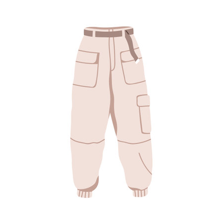 Trousers, modern women clothes. Casual apparel, cargo pants with elastic cuff, belt, patch pockets. Trendy stylish fashion wearing, garment. Flat vector illustration isolated on white backgroundのイラスト素材