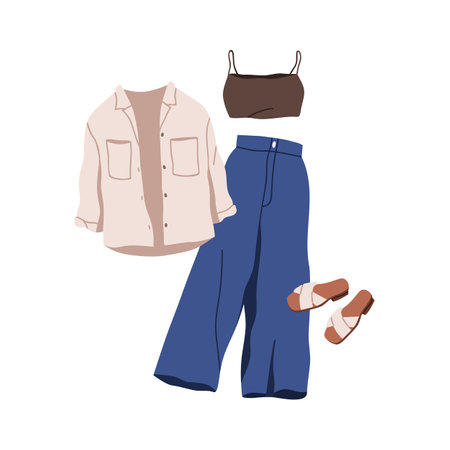 Fashion summer outfit set. Modern women apparel, casual clothes. Loose shirt and trousers, pants, crop top and open sandals in trendy style. Flat vector illustration isolated on white backgroundのイラスト素材