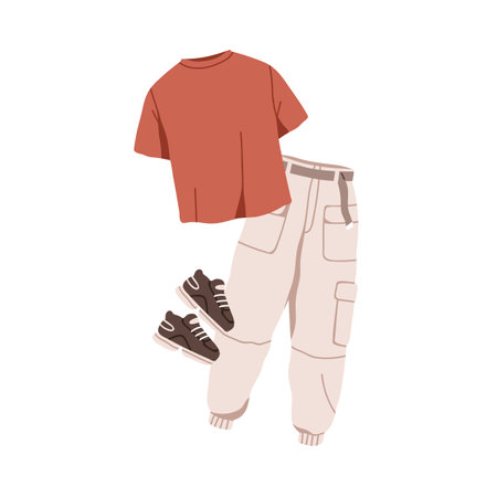 Outfit set in modern sport style. Clothes composition, t-shirt, trousers and sneakers. Stylish apparel, full look with tshirt, pants and trainers. Flat vector illustration isolated on white backgroundのイラスト素材