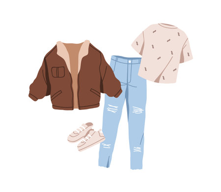 Casual clothes, outfit set. Women apparel, jeans, trainers, t-shirt and wind jacket. Sneakers, tshirt, pants, sull look in modern street style. Flat vector illustration isolated on white backgroundのイラスト素材