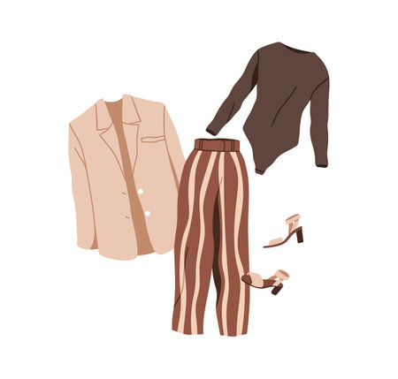 Summer outfit set. Fashion women apparel, clothes. Blazer, bodysuit, striped trousers, pants and heeled sandals. Stylish female wearing, garments. Flat vector illustration isolated on white backgroundのイラスト素材