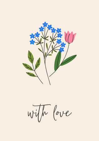 Flower card with love. Nature postcard, meadow plants, field flowers posy. Summer blossomed blooming herbs, fragile gentle wildflowers on vertical romantic background. Flat vector illustrationのイラスト素材