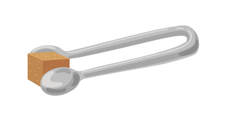 Brown cane sugar cube in metal steel serving tongs. Sweet ingredient piece in kitchen tool, utensil, pliers. Flat vector illustration isolated on white backgroundのイラスト素材