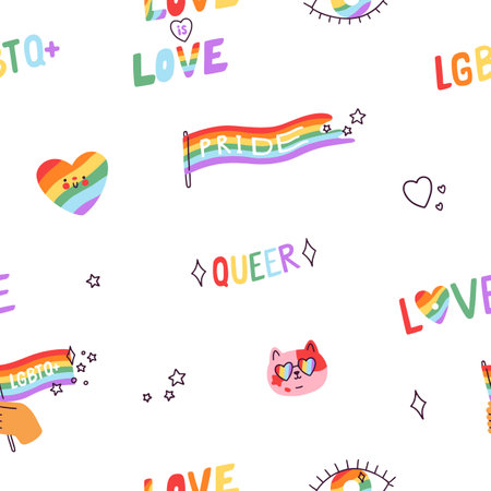 Seamless LGBT pattern. Endless background, LGBTQ love. Rainbow flag, cute cat, queer, repeating print design for pride month. Multicolor texture in doodle style. Colored flat vector illustrationのイラスト素材