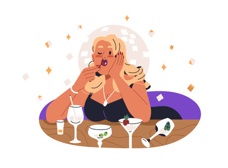 Boozy drunken woman drinking alcohol cocktails, relaxing in night club. Drunk addicted girl at party with excessive wineglasses, shots on table. Flat vector illustration isolated on white backgroundのイラスト素材