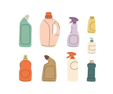 Chemical detergents in plastic bottles. Home cleaning products, household liquids for cleanup, washing, cleansing in different packages, packs. Flat vector illustration isolated on white backgroundのイラスト素材