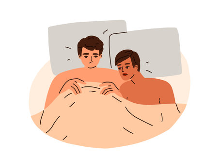 Sexual dysfunction, sex problem, intimacy disorder concept. Homosexual love couple, gays lovers partners in bed. Intimate life, libido difficulty. Flat vector illustration isolated on white backgroundのイラスト素材