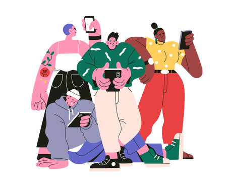 Mobile phone users group. Young people using smartphones, surfing internet, texting, chatting online. Virtual digital community concept. Flat graphic vector illustration isolated on white backgroundのイラスト素材