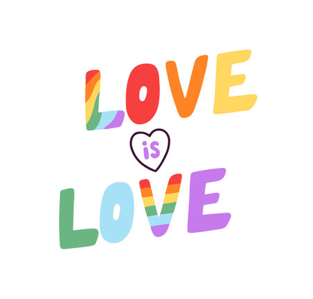 LGBTQ love, colorful lettering sticker. Multicolored rainbow quote, LGBT phrase for homosexuality, bisexualty, queer, sexual tolerance concept. Flat vector illustration isolated on white backgroundのイラスト素材