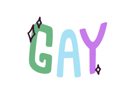 Colorful GAY word, LGBT lettering sticker. LGBTQ love equality, homosexual rights, sexual freedom concept. Flat vector illustration isolated on white backgroundのイラスト素材