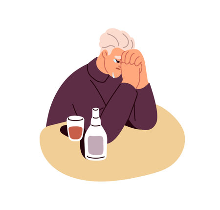 Depressed sad man crying and drinking alcohol. Desperate unhappy person in grief, sorrow, weeping, sobbing in distress, despair, depression. Flat vector illustration isolated on white backgroundのイラスト素材