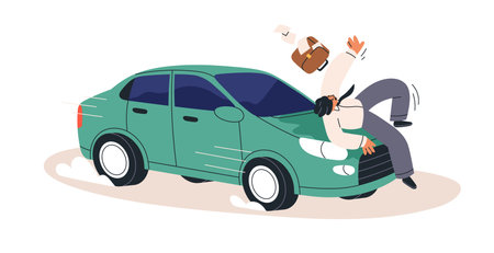 Car driving and hitting pedestrian on road. Injured man and transport vehicle emergency situation. Auto and person collision. Traffic accident. Flat vector illustration isolated on white backgroundのイラスト素材