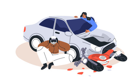 Motorcyclist and car driver after collision. Damaged transport vehicles after auto hit biker on motorcycle. Dangerous road traffic accident. Flat vector illustration isolated on white backgroundのイラスト素材