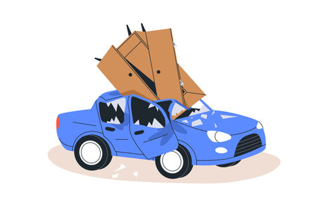 Car smashed by furniture. Cupboard fallen on auto top, hitting roof, breaking windows. Destroyed broken injured vehicle, shattered glass shards. Flat vector illustration isolated on white backgroundのイラスト素材