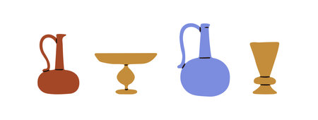 Old ancient crockery set. Vintage jug, pitcher, dish, goblet. Historical pottery collection. Traditional antique vessels, beaker, ewer, vase. Flat vector illustrations isolated on white backgroundのイラスト素材