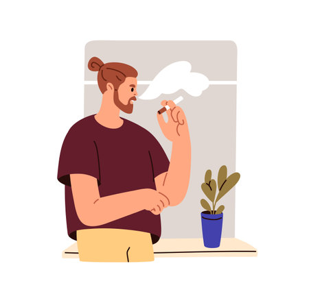 Man smoking cigarette, standing by window sill at home. Smoker enjoying tobacco indoors. Nicotine-addicted guy with unhealthy bad habit. Flat vector illustration isolated on white backgroundのイラスト素材